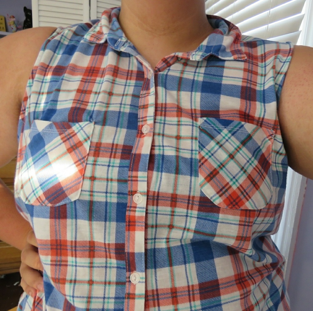Blue and red plaid sleeveless shirt
